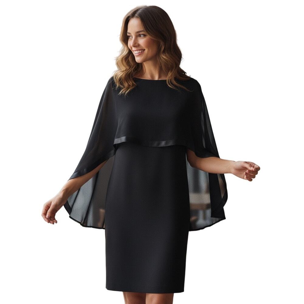 Talbots Navy Blue Sleeveless Chiffon Cape Dress 8 Silk Trim Evening Wear Luxe